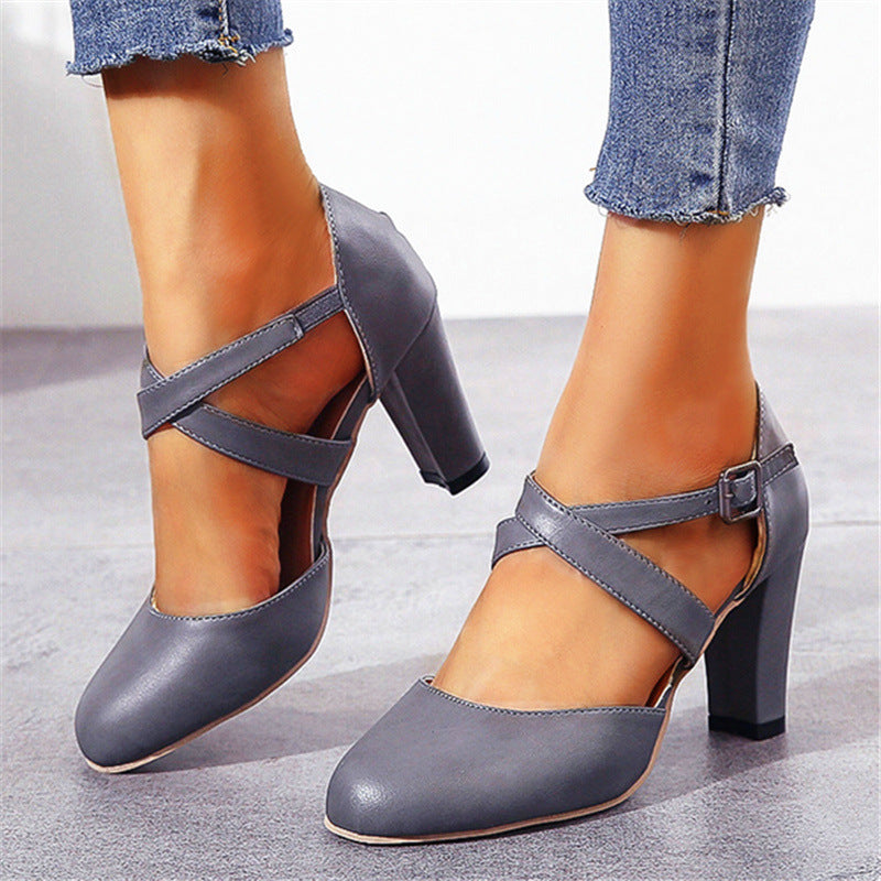 PU Cross Straps Thick Heel Sandals