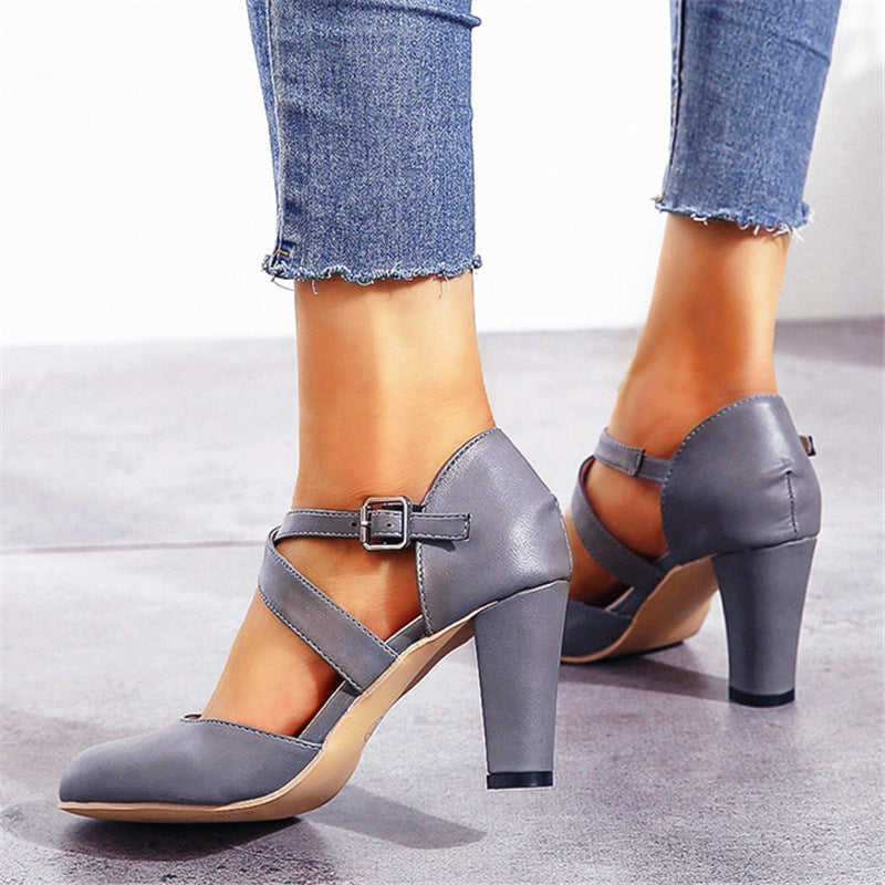 PU Cross Straps Thick Heel Sandals
