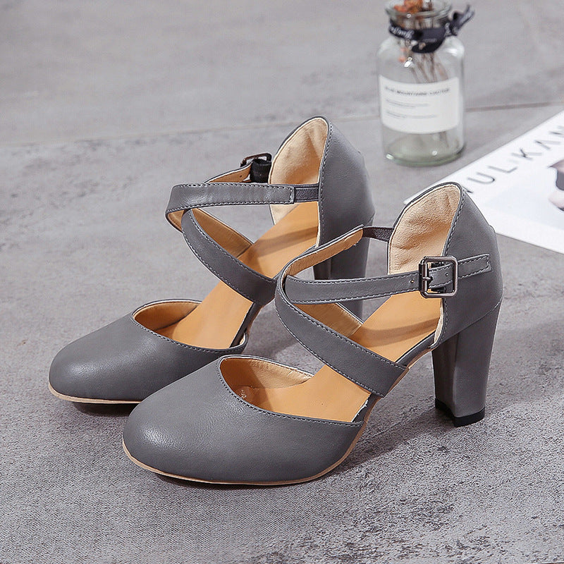 PU Cross Straps Thick Heel Sandals