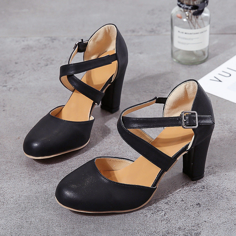 PU Cross Straps Thick Heel Sandals