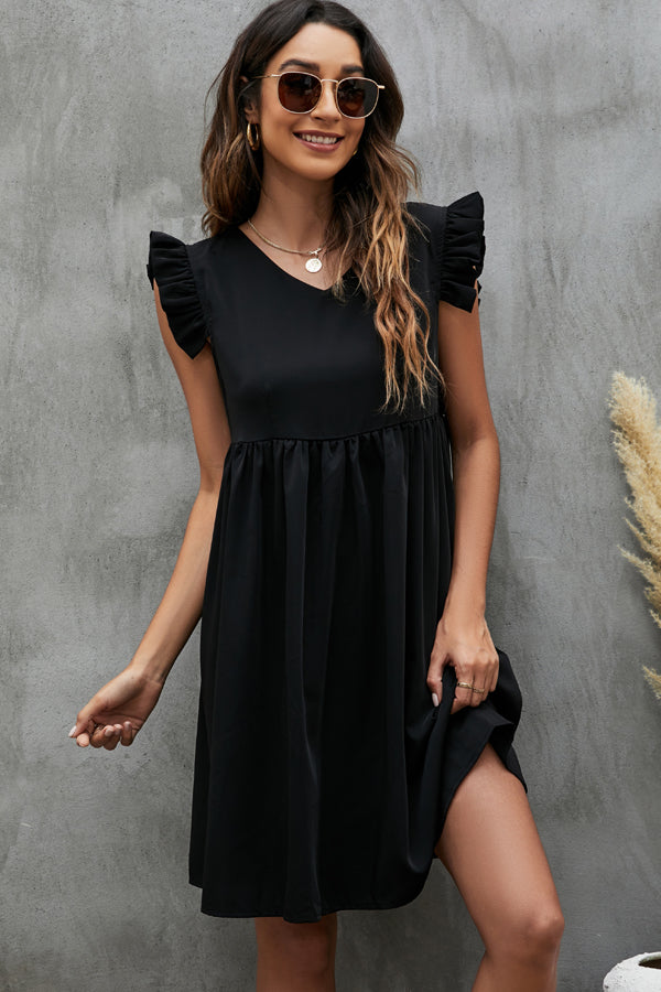 Fashion Solid Color Ruffle Shoulder Casual Mini Dress