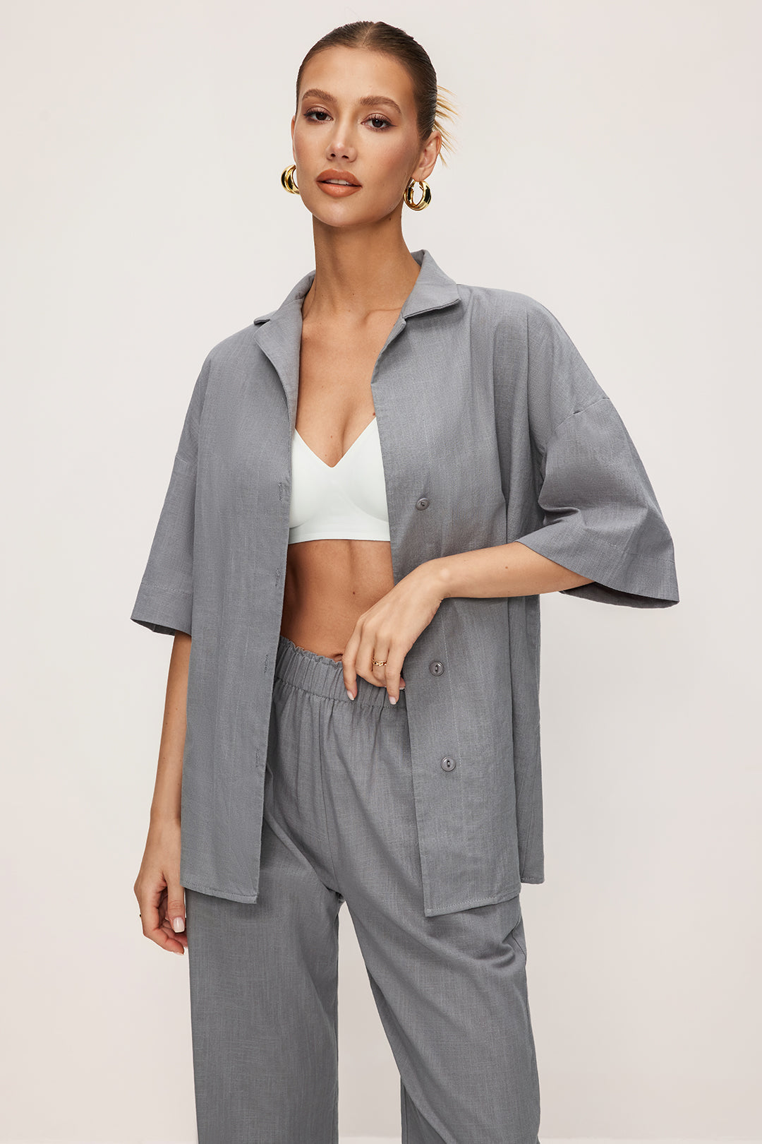 Tie Front Buttoned Shirt And High Waist Trousers Set