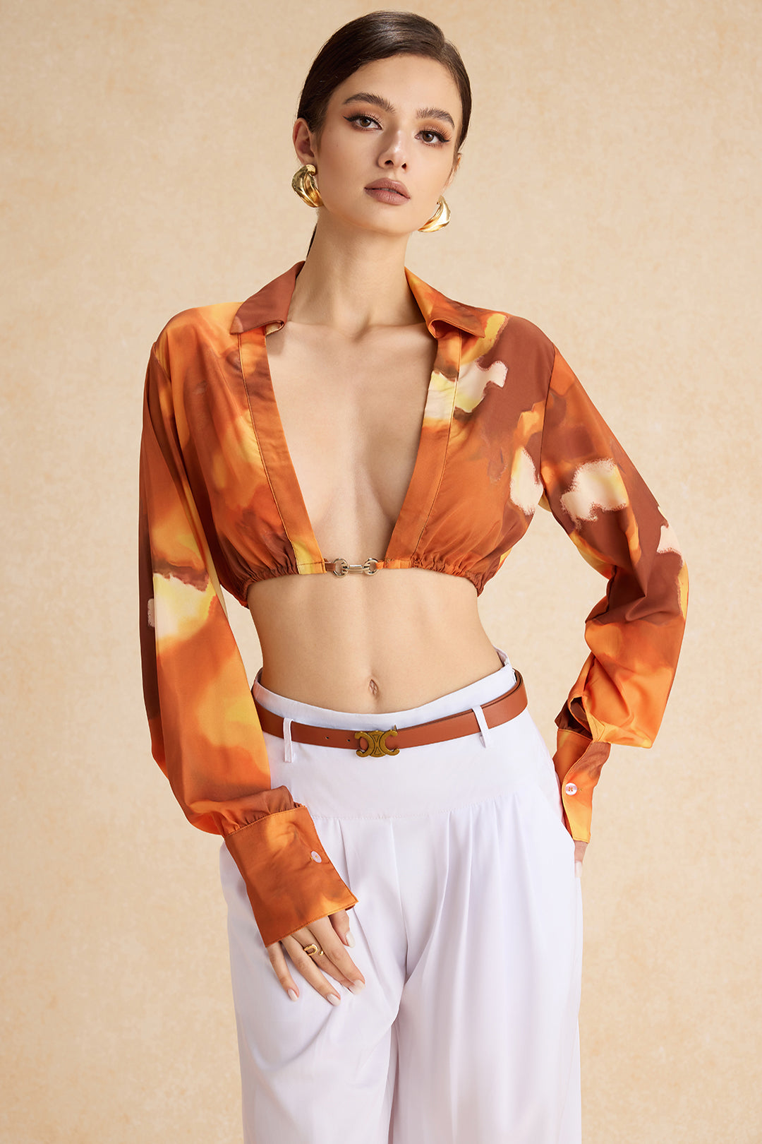 Watercolor Print Ruched Long-Sleeve Shirt