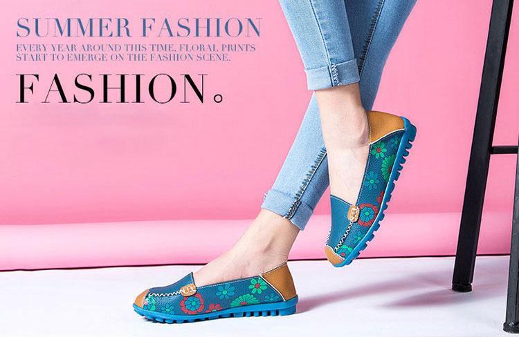 Fashion Ballet Summer Flower Print Shoes Genuine Leathe Loafers Ladies Flats Shoes