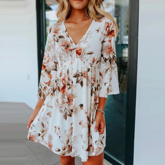 V Neck 3/4 Sleeve Floral Mini Dress