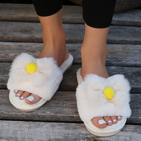 Round Toe Fur Bownot Flat Slippers