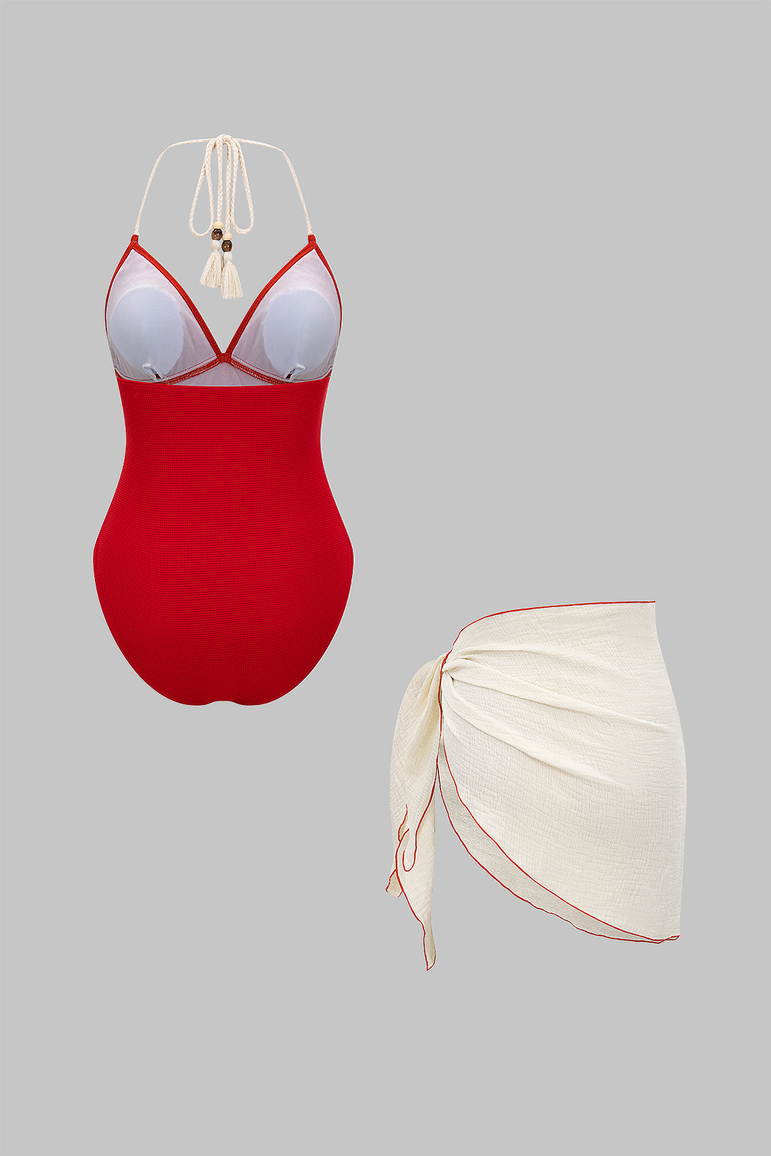 Tie-Back Halter Backless Swimwear And Ruffle Detail Cover Up Set