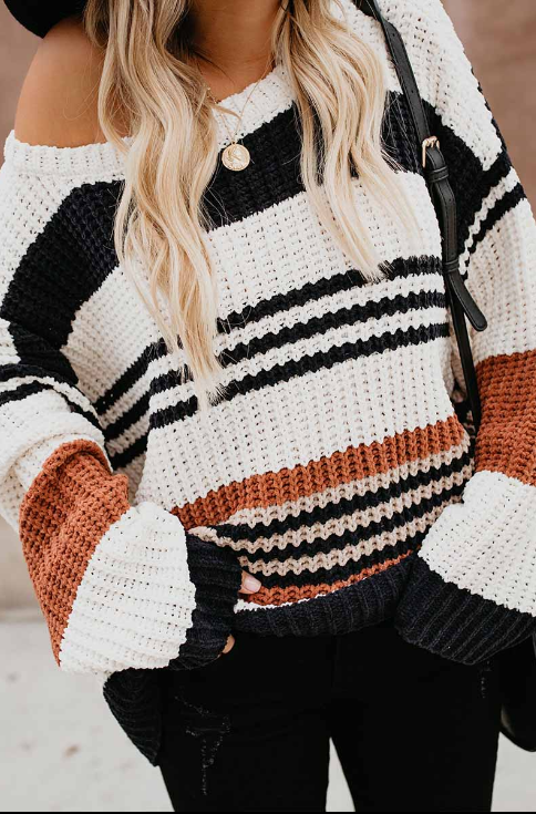 Fashion Casual Street Striped Patchwork Patchwork O Neck Tops