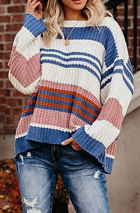 Fashion Casual Street Striped Patchwork Patchwork O Neck Tops