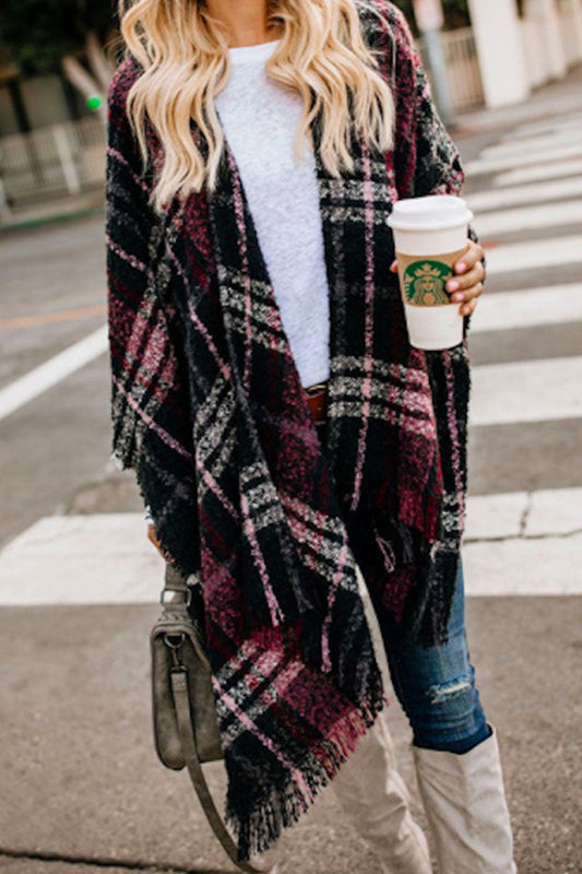 Fashion British Style Plaid Tassel Split Joint Outerwear