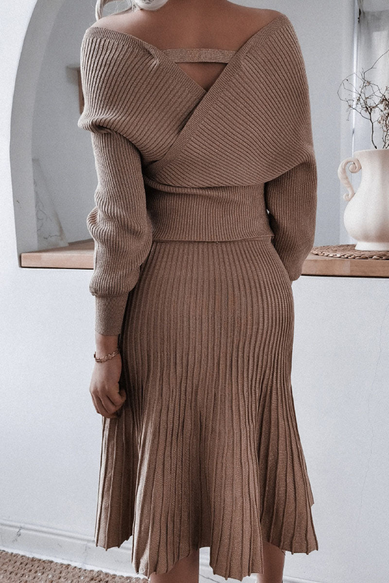 Fashion Casual Fold V Neck Long Sleeve Two Pieces(3 Colors)