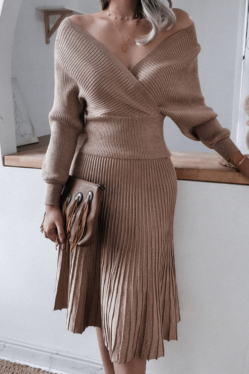 Fashion Casual Fold V Neck Long Sleeve Two Pieces(3 Colors)