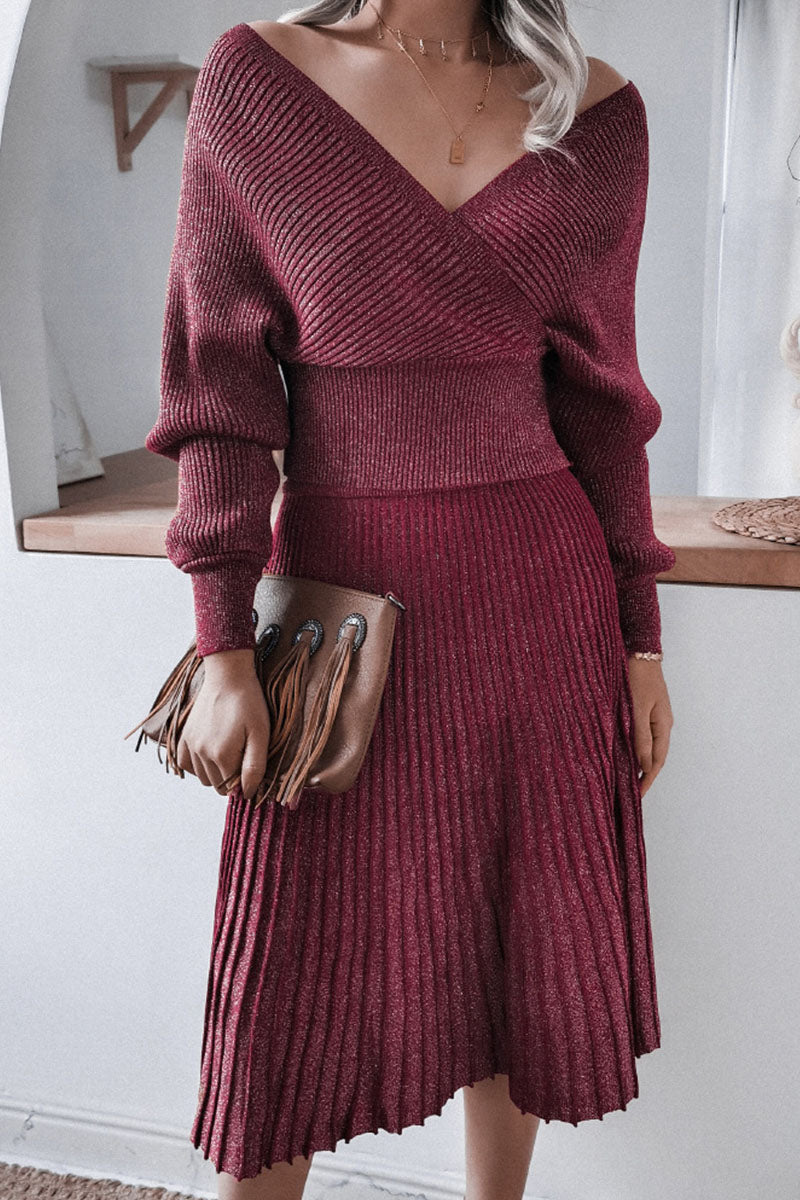Fashion Casual Fold V Neck Long Sleeve Two Pieces(3 Colors)