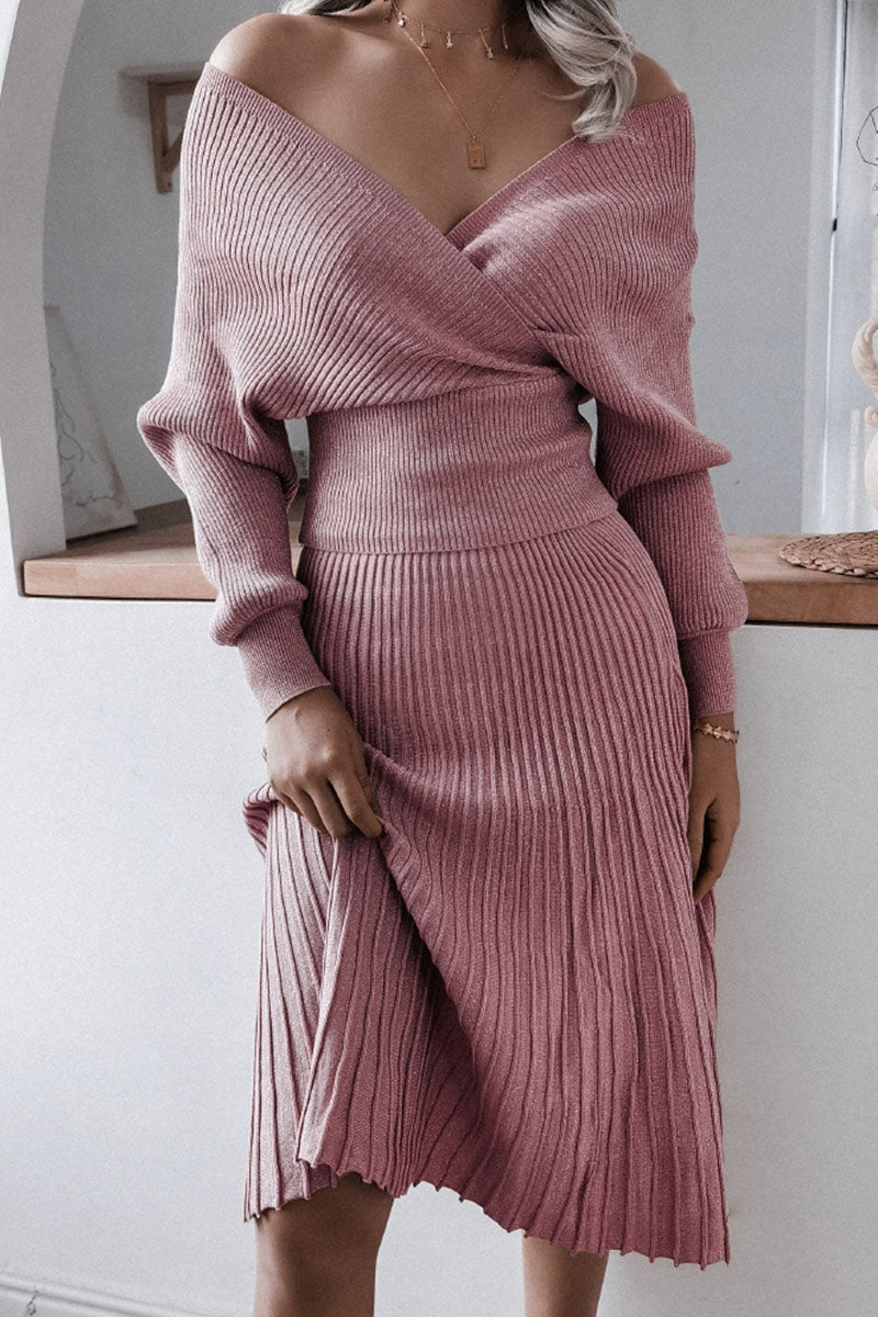 Fashion Casual Fold V Neck Long Sleeve Two Pieces(3 Colors)