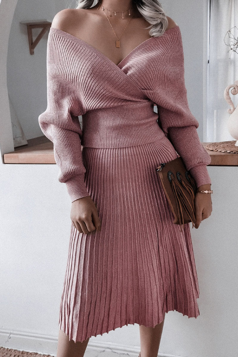Fashion Casual Fold V Neck Long Sleeve Two Pieces(3 Colors)