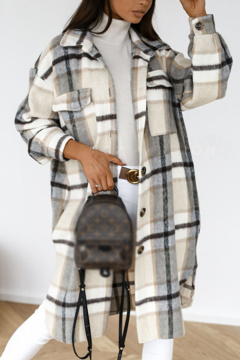 Fashion Street Plaid Patchwork Turndown Collar Outerwear(3 Colors)