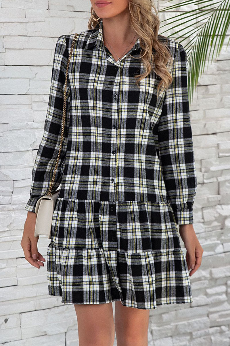 British Style Plaid Print Patchwork Turndown Collar Dresses(3 colors)