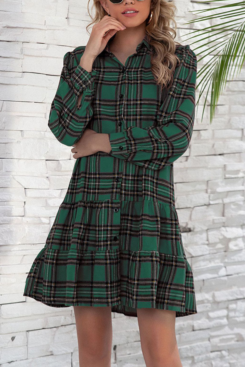 British Style Plaid Print Patchwork Turndown Collar Dresses(3 colors)