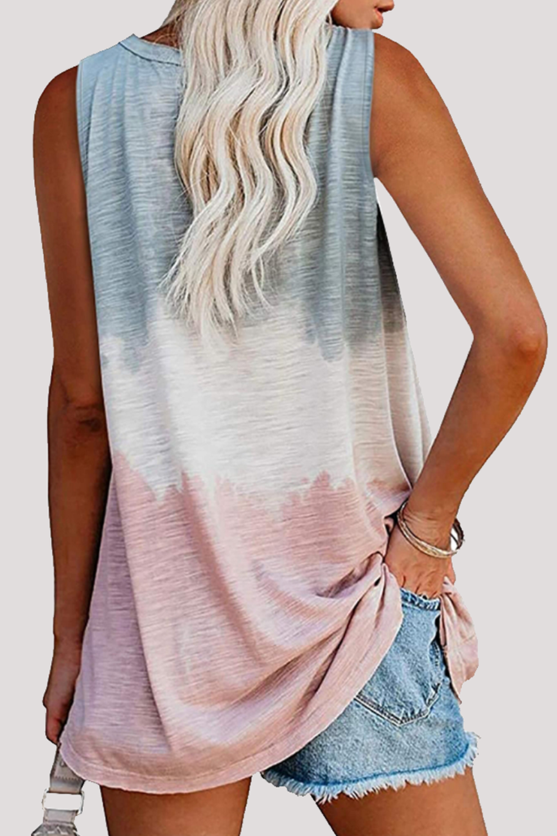 Casual Patchwork Tie Dye Pocket V Neck T-Shirts