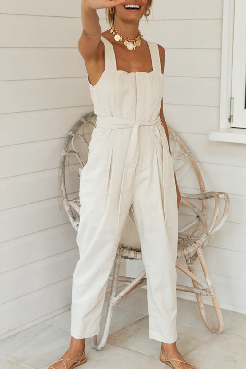 Fashion Street Solid Patchwork Square Collar Loose Jumpsuits