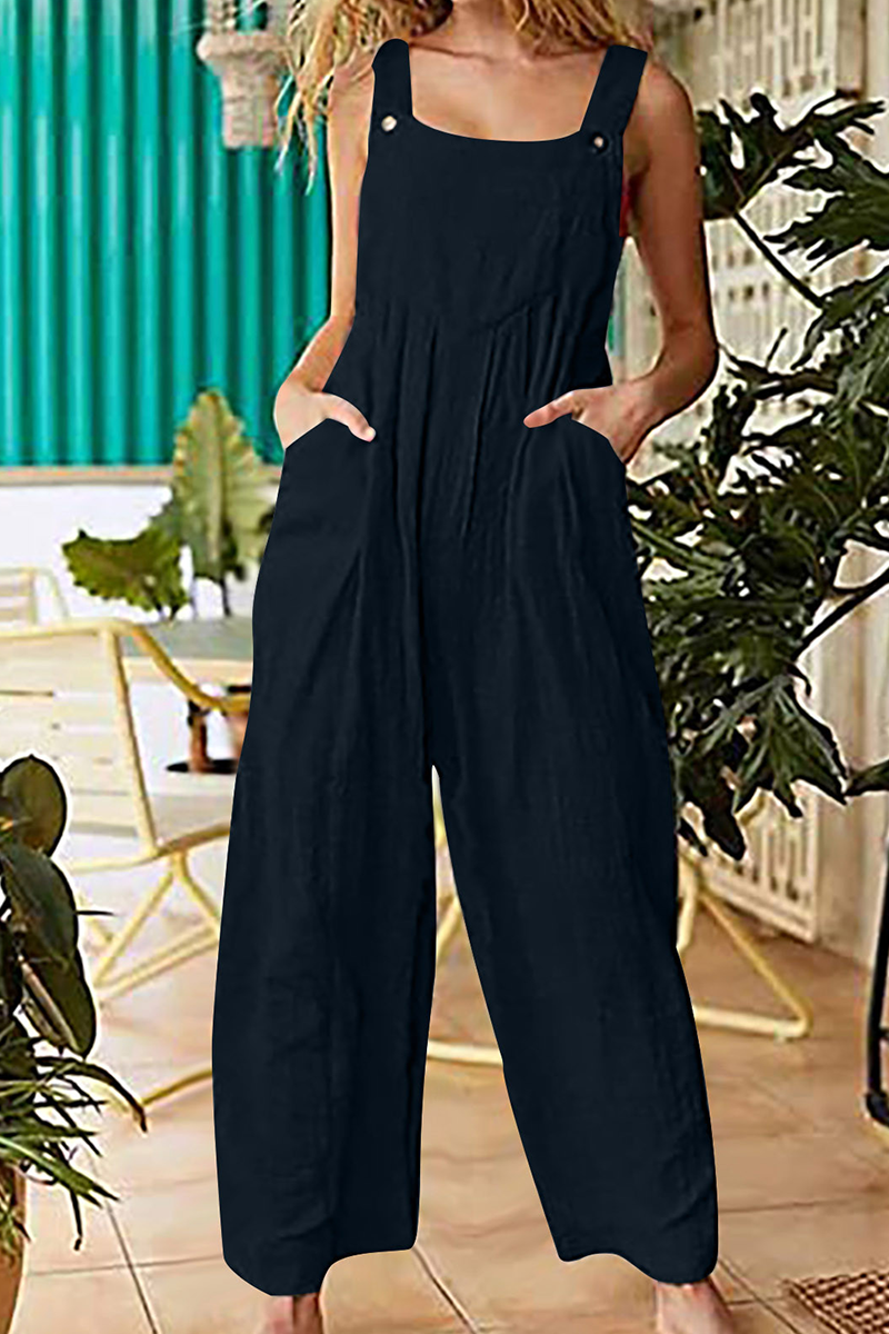 Casual Solid Pocket Buttons Square Collar Straight Jumpsuits