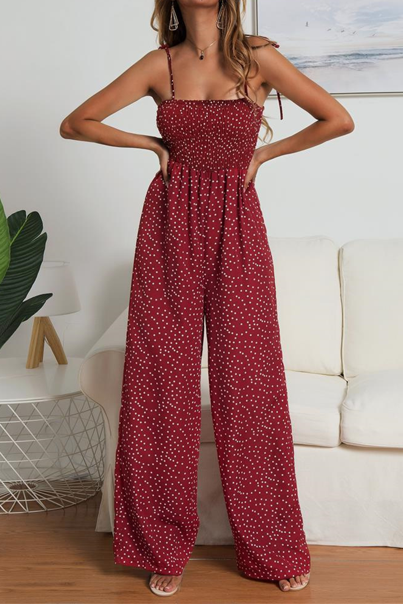 Casual Dot Patchwork Strap Design Strapless Straight Jumpsuits