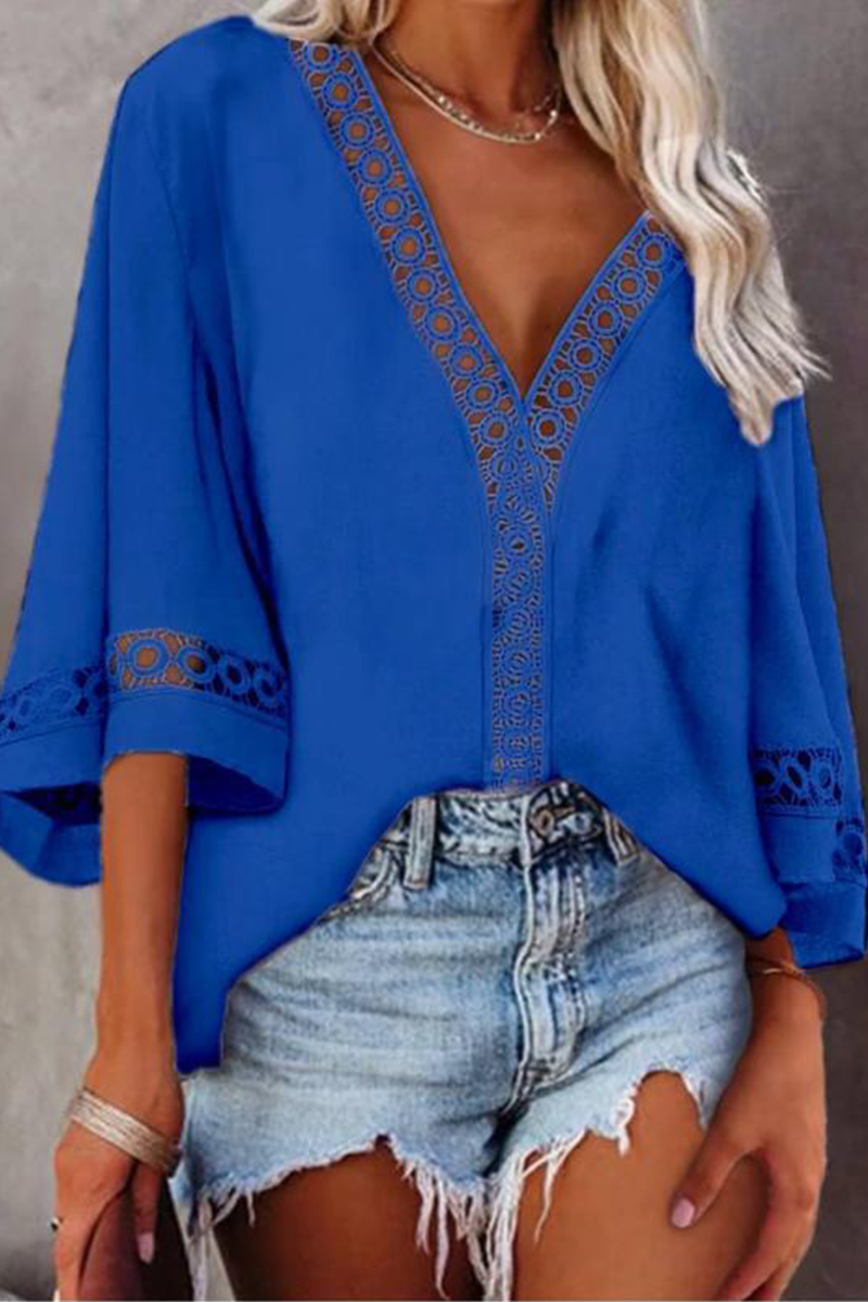 Casual Solid Hollowed Out Patchwork V Neck Tops