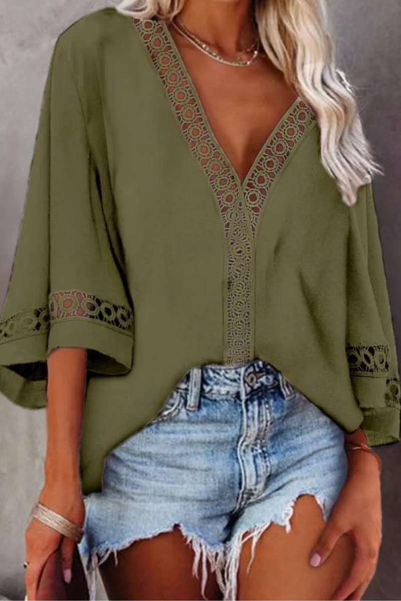 Casual Solid Hollowed Out Patchwork V Neck Tops