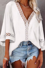 Casual Solid Hollowed Out Patchwork V Neck Tops