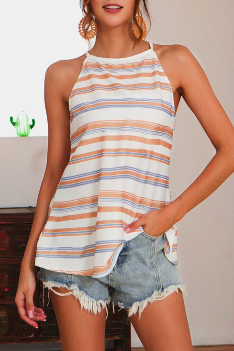 Fashion Casual Striped Split Joint Halter Tops