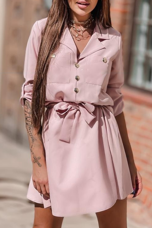 Fashion Elegant Solid Buckle Strap Design Turn-back Collar A Line Dresses