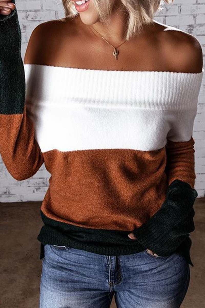 Street Color Lump Patchwork Off the Shoulder Sweaters(5 colors)