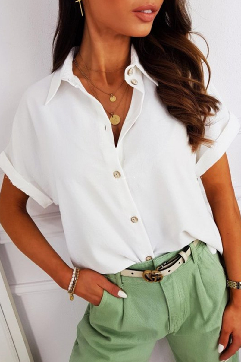 Fashion Elegant Solid Buckle Fold Shirt Collar Tops