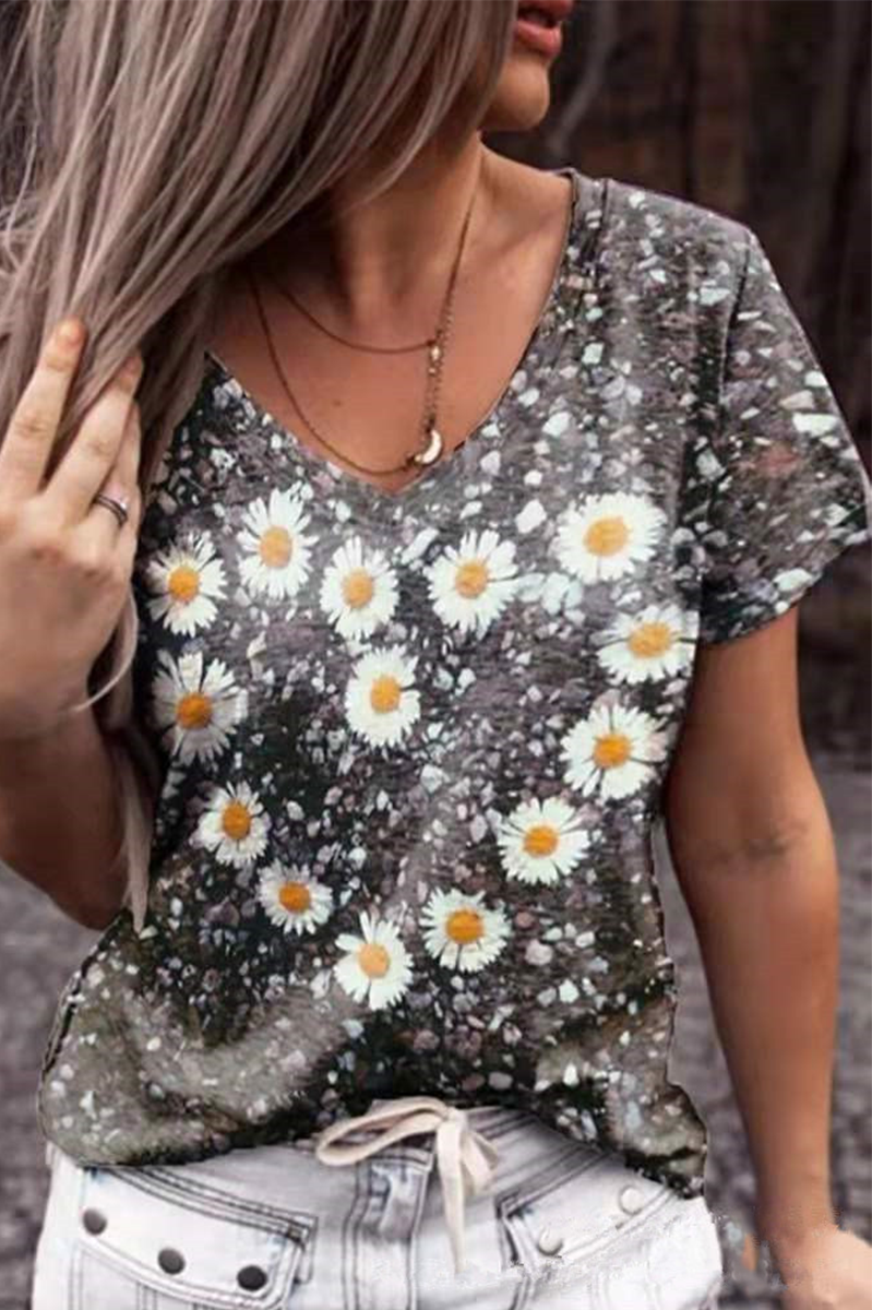 Casual Floral Basic V Neck T-Shirts(4 Colors)