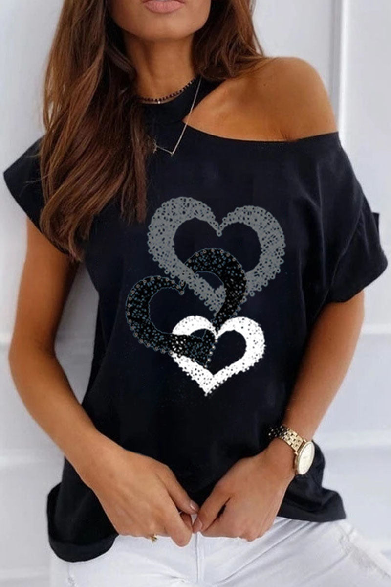 Fashion Sweet Print Patchwork O Neck T-Shirts