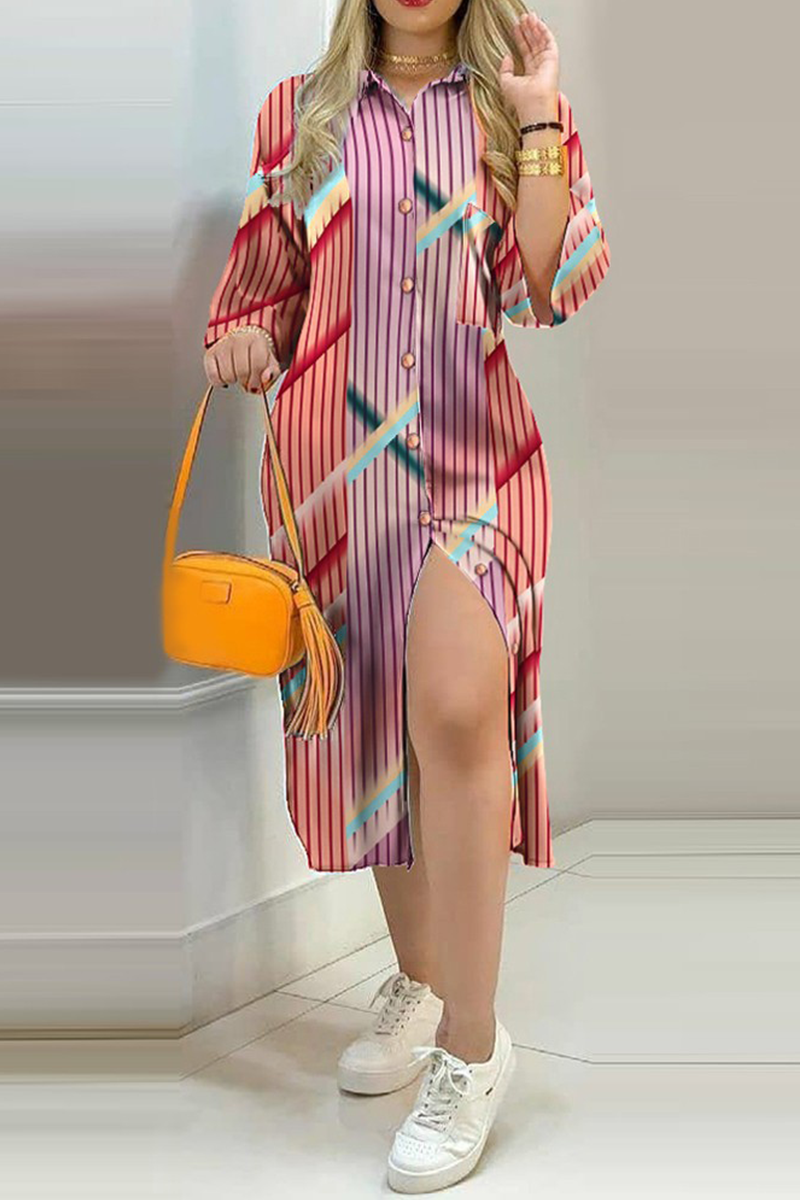 Fashion Street Print Buckle  Contrast Shirt Dress Dresses