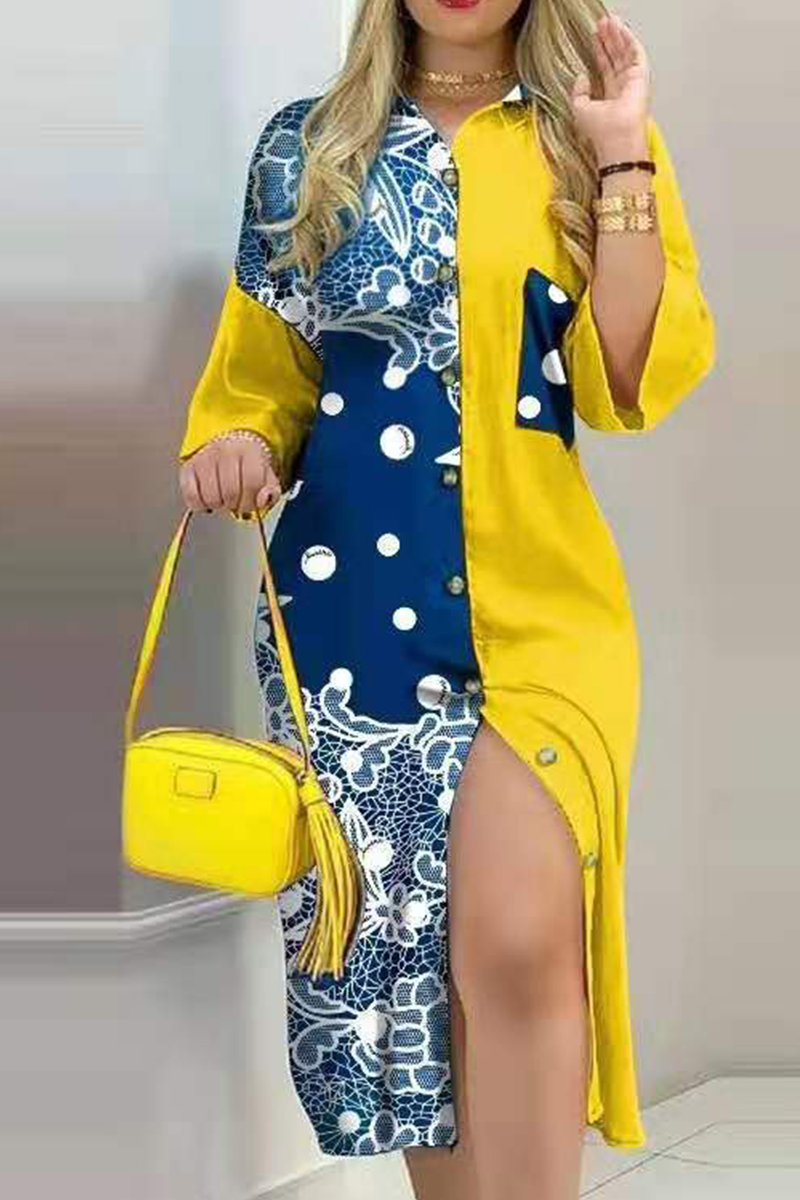 Fashion Street Print Buckle  Contrast Shirt Dress Dresses