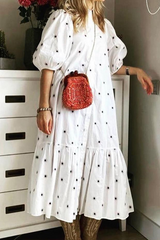 Casual Polka Dot Make Old Patchwork Buckle Flounce Mandarin Collar A Line Dresses