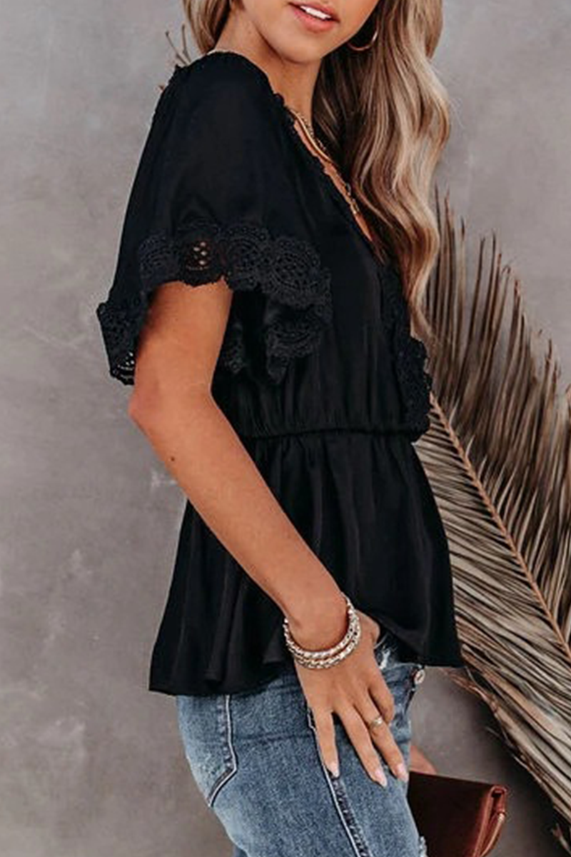 Fashion Elegant Solid Lace Hollowed Out Frenulum V Neck Tops