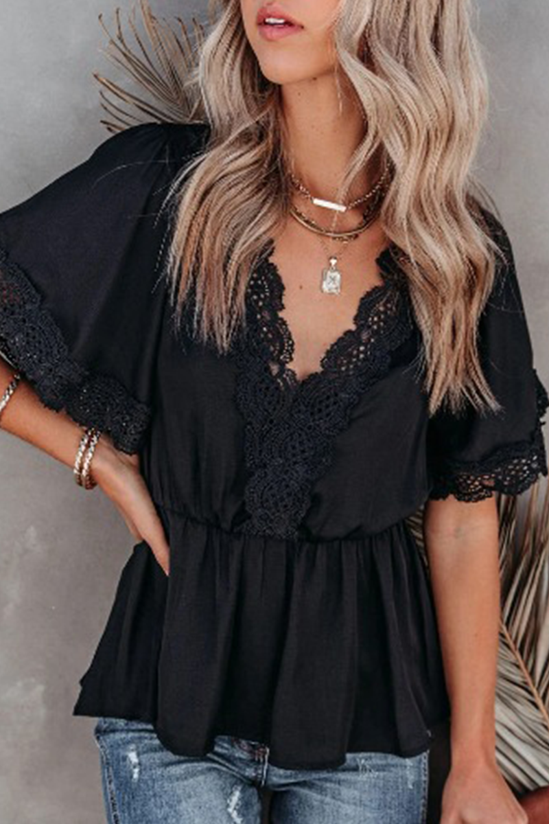 Fashion Elegant Solid Lace Hollowed Out Frenulum V Neck Tops