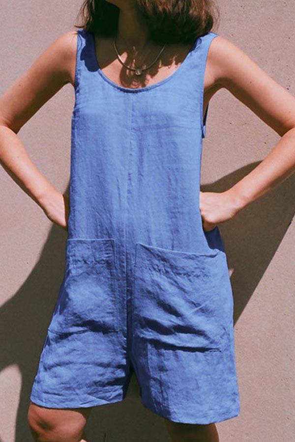 Casual Solid Patchwork Pocket O Neck Straight Rompers