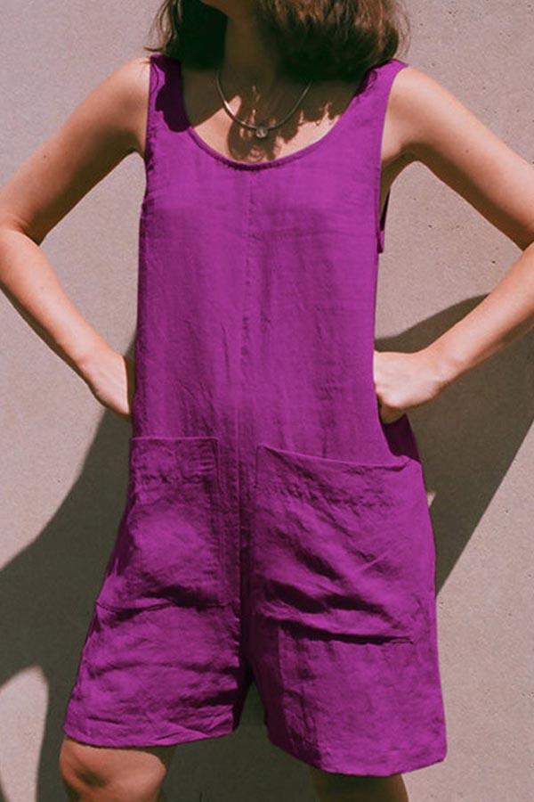 Casual Solid Patchwork Pocket O Neck Straight Rompers