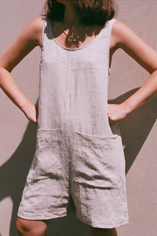 Casual Solid Patchwork Pocket O Neck Straight Rompers