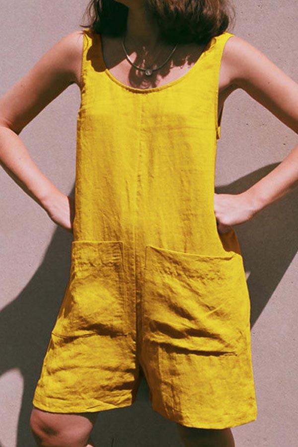 Casual Solid Patchwork Pocket O Neck Straight Rompers