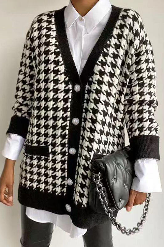 Elegant Plaid Split Joint Buckle V Neck Tops