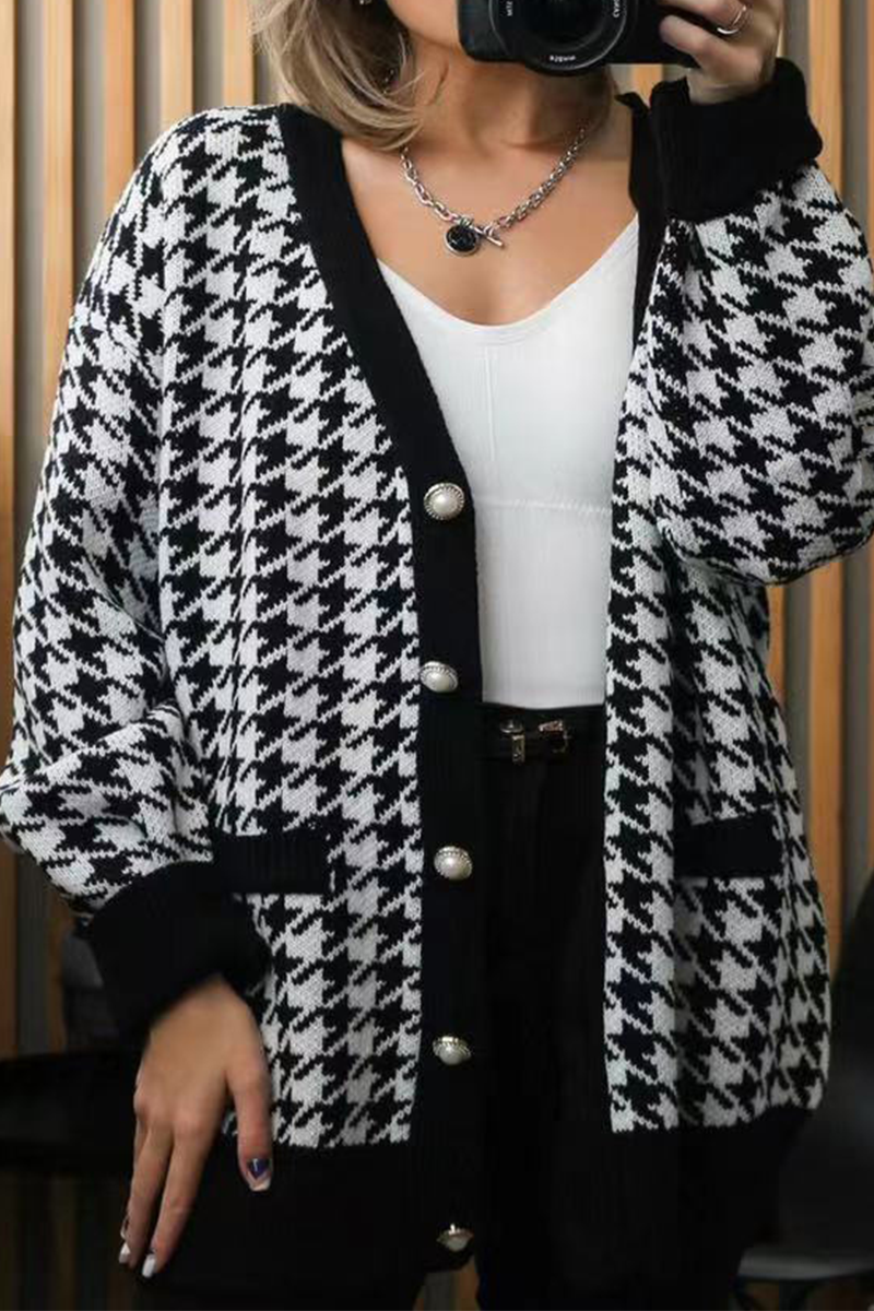 Elegant Plaid Split Joint Buckle V Neck Tops