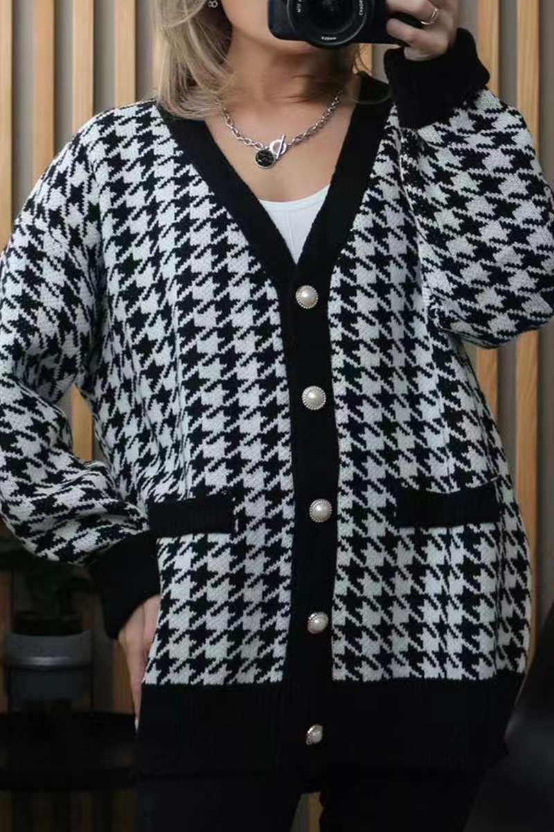 Elegant Plaid Split Joint Buckle V Neck Tops