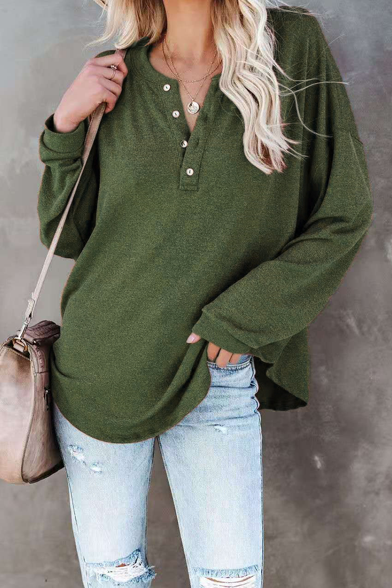 Casual Solid Buckle O Neck Tops(5 colors)