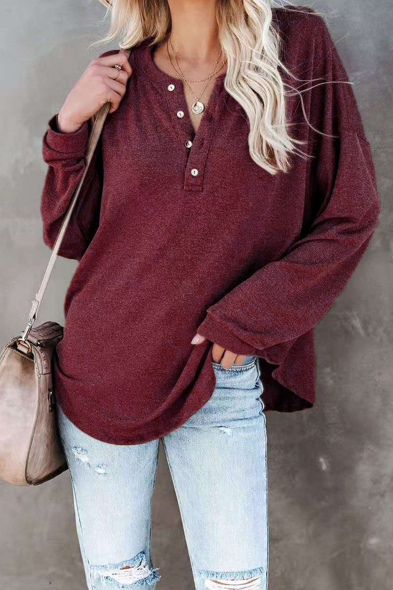 Casual Solid Buckle O Neck Tops(5 colors)