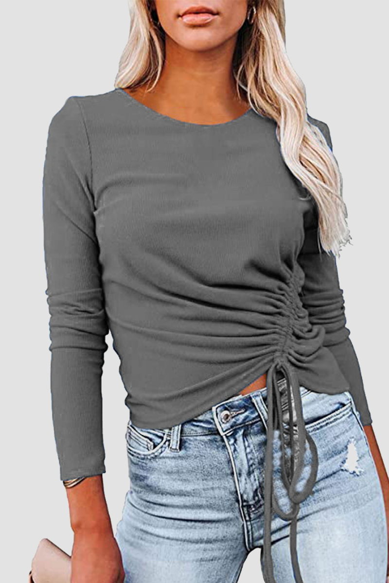 Casual Solid Draw String Frenulum O Neck Tops